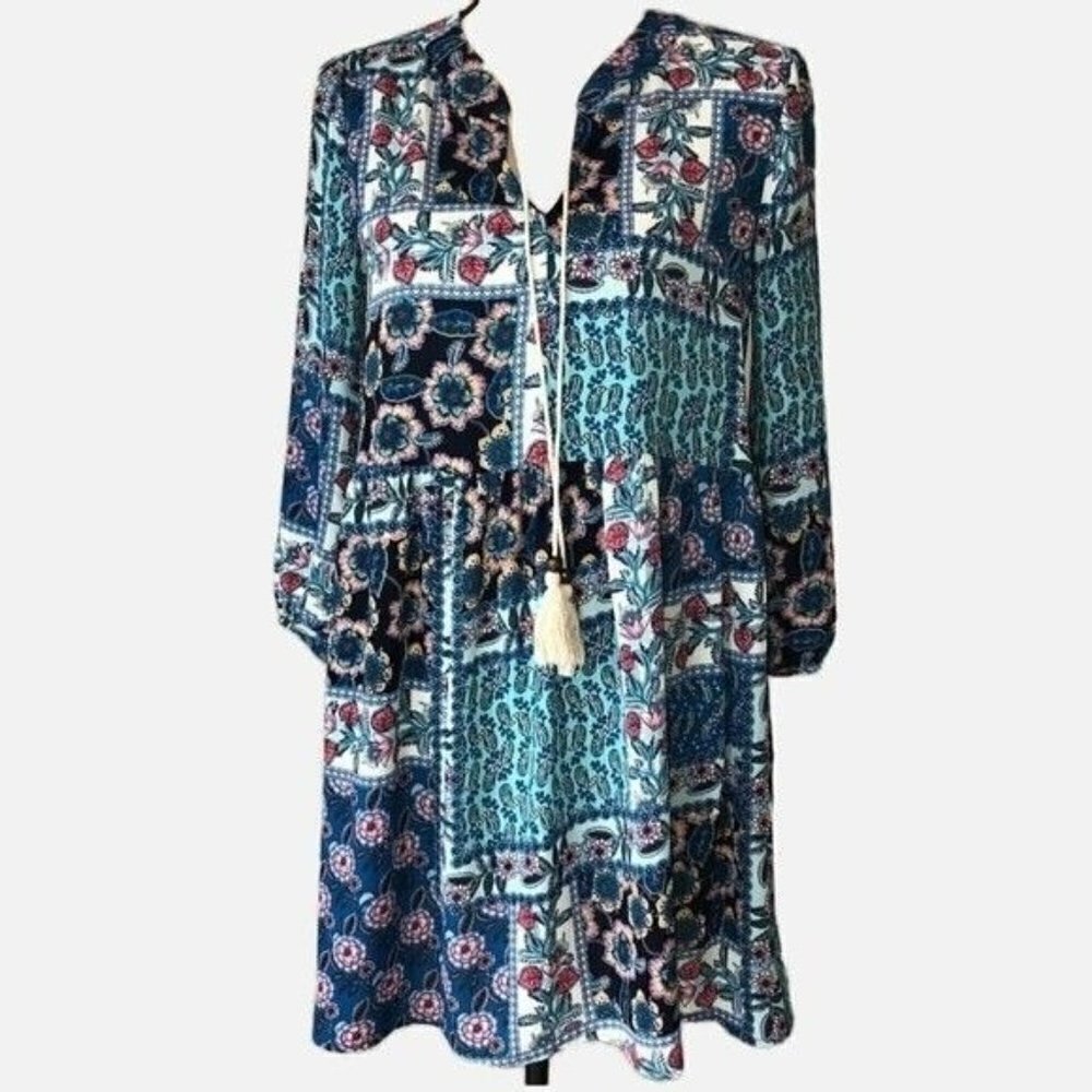 Patchwork Mini Dress Size XS Tunic Tassles Blue Print Long Sleeves Boho Cottage